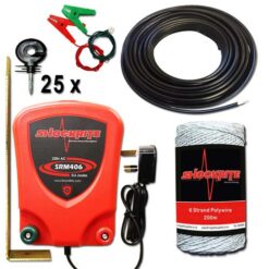 ShockRite Mains Powered SRM406 0.6J Electric Fence Energiser, 200m White 6 Strand Electric Fencing Wire, Lead Out Cable, Connection Cables, and 25 Insulators